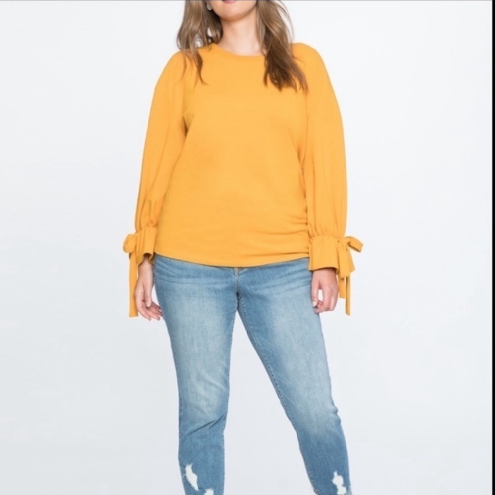 Eloquii Plus Size Sweatshirt With Bow Sleeve Ties Golden Yellow NWT